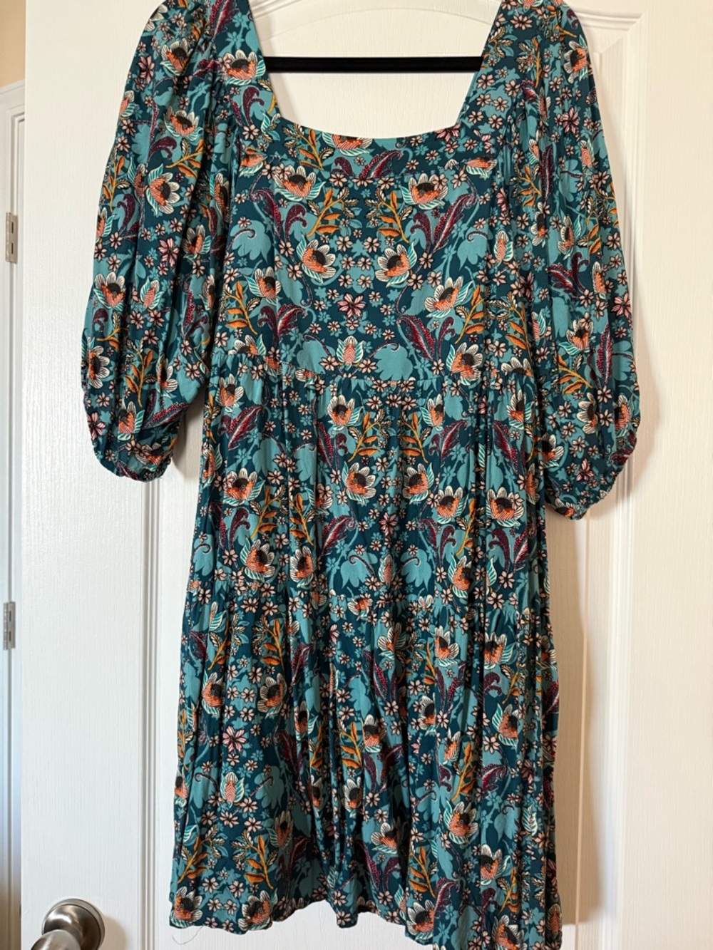 Maurices Teal Floral Square-Neck Puff Sleeve Mini Dress
